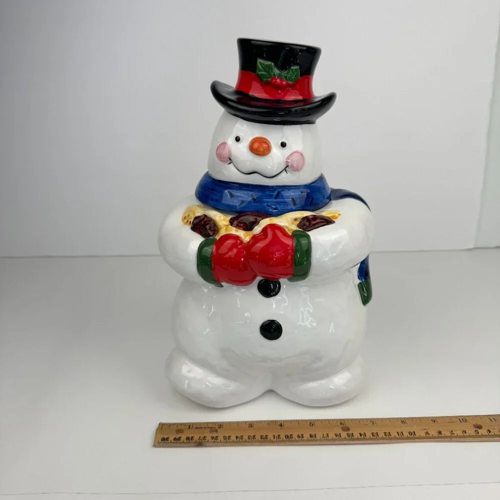 Vtg 90s Snowman Holding‎ Cookies Cookie Jar w Lid Storage Orig Box Crazing READ